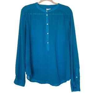 J.Crew XL Swiss Dot Sheer Blouse Turquoise Popover Henley Romantic Boho Top